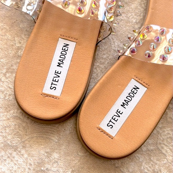 Brand New Steve Madden Blizie Sandals Clear Iridescent Multicolored Studs Spikes - Picture 5 of 15